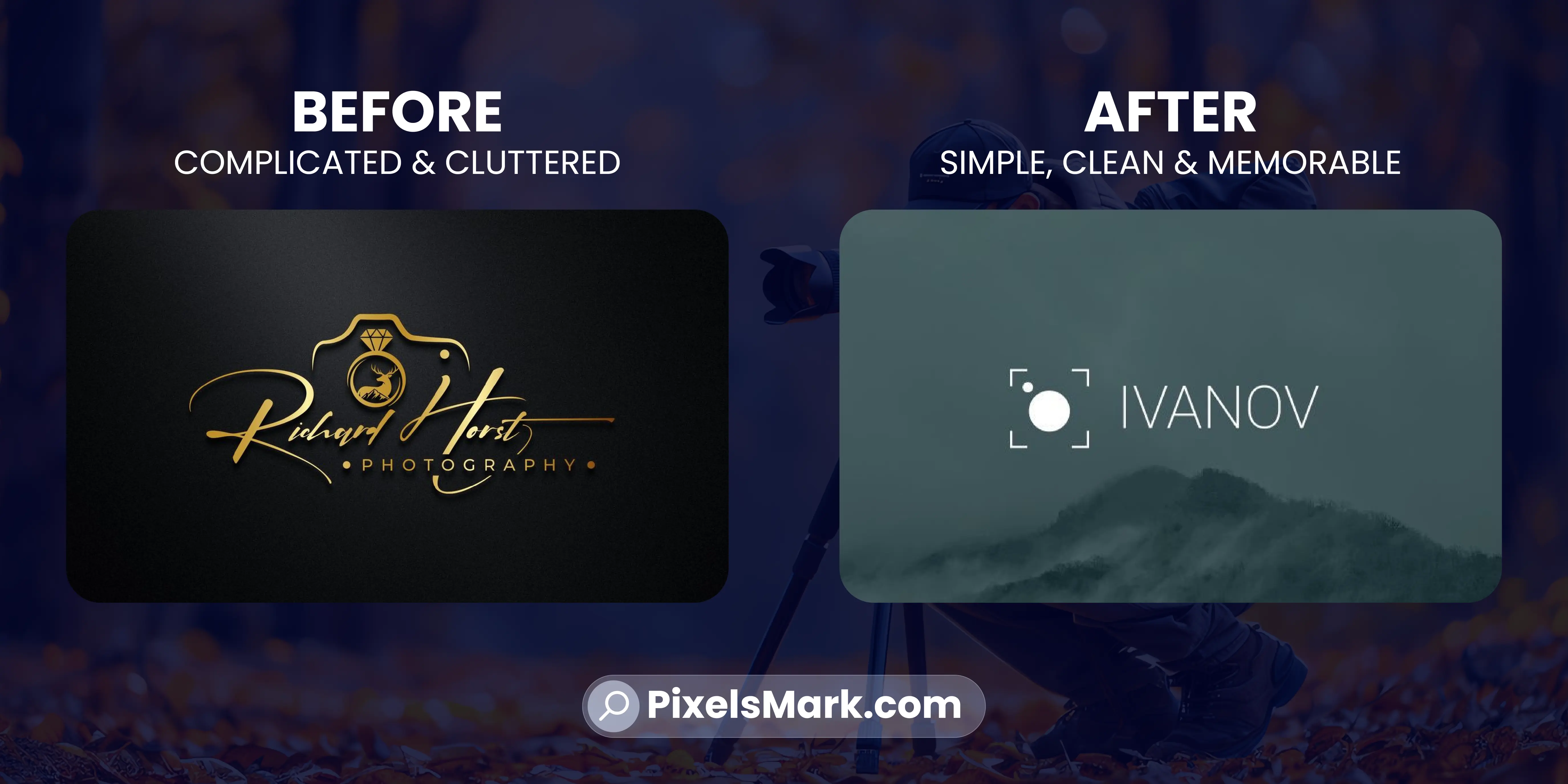 Photography logo before and after showing common beginner mistakes vs clean professional design