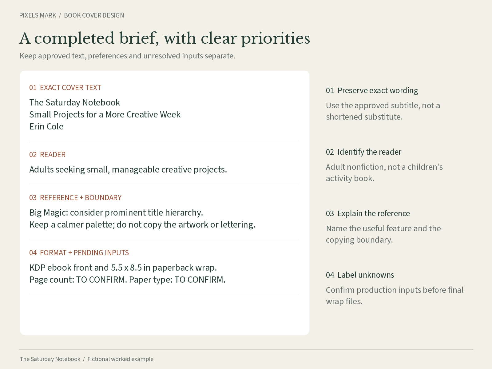 Completed fictional design brief for The Saturday Notebook, with brief fields alongside four numbered explanatory notes covering subtitle wording, reader description, reference with boundary, and pending page count and paper type.