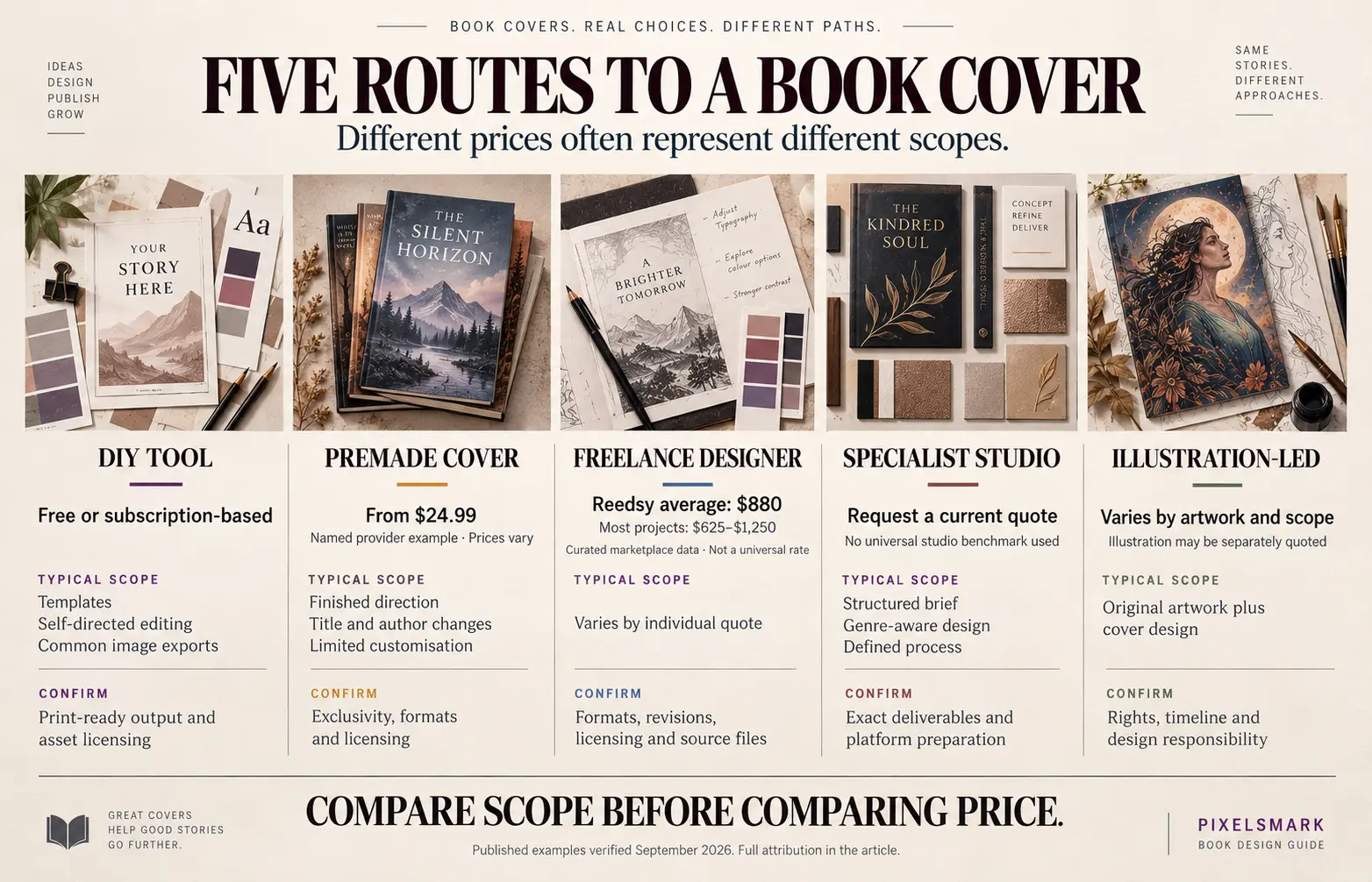 Comparison table showing five book cover design routes: DIY, premade, budget freelancer, specialist service and illustration, with typical scope and best-suited author type