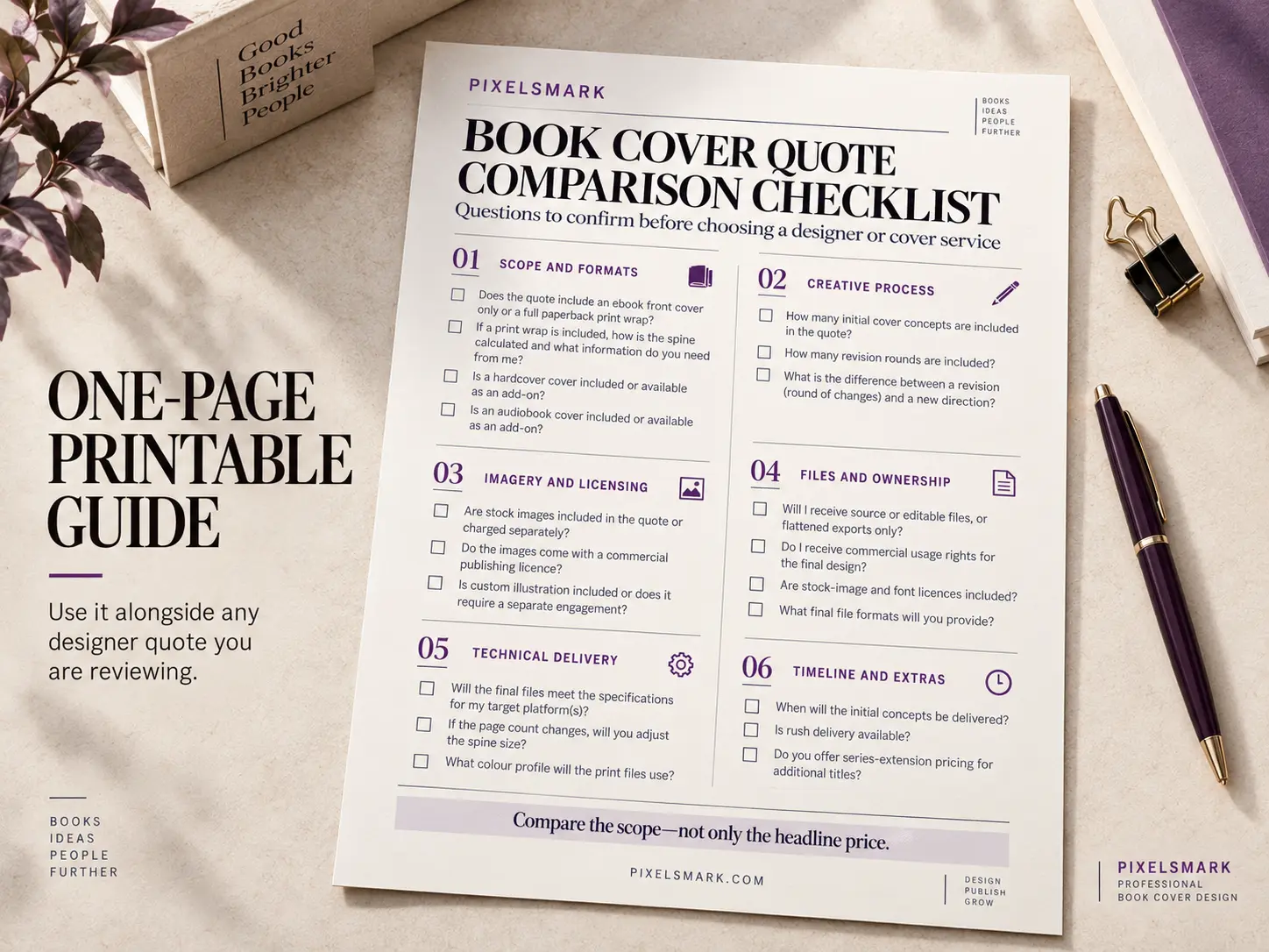 Preview of the Book Cover Quote Comparison Checklist, a one-page printable PDF with scope questions for authors reviewing designer quotes