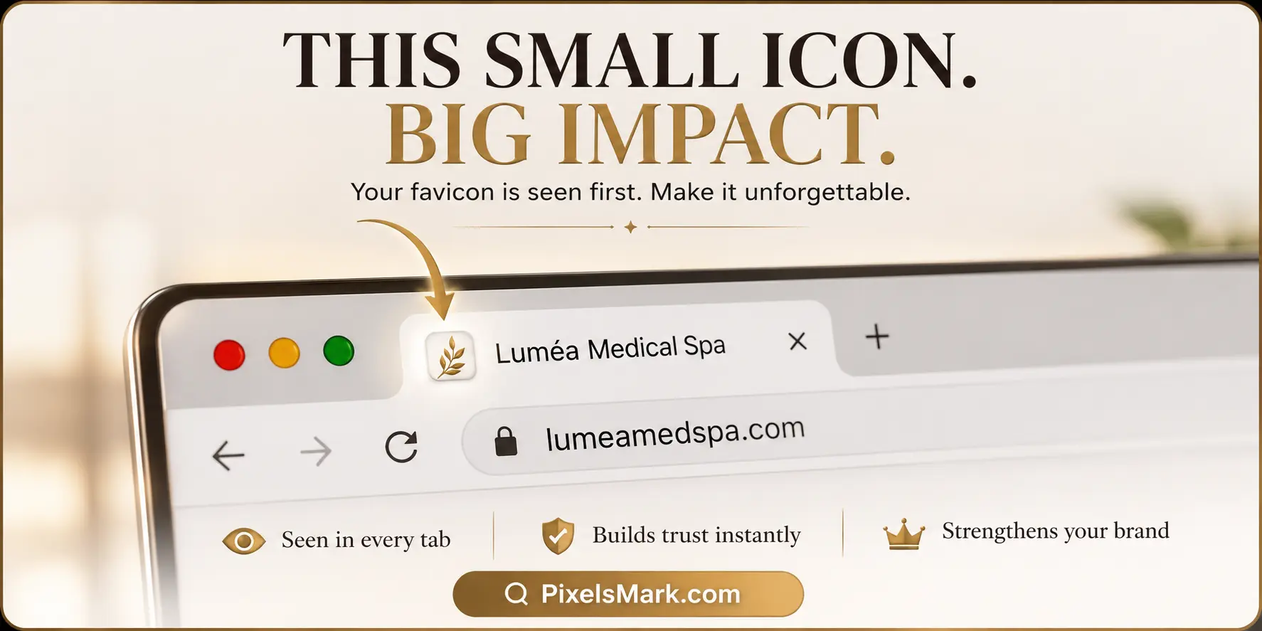 Close-up of a browser tab displaying a custom favicon next to the page title with a red arrow pointing to the icon.