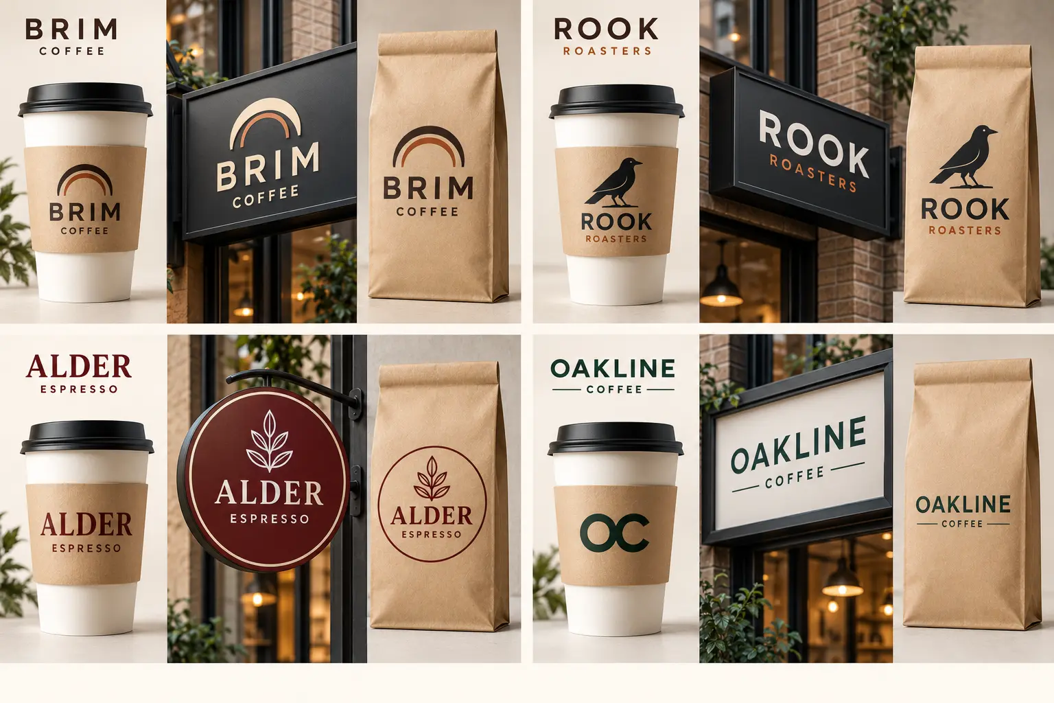 BRIM Coffee, ROOK Roasters, ALDER Espresso and OAKLINE Coffee branding shown on takeaway cups, storefront signs and kraft coffee bags.