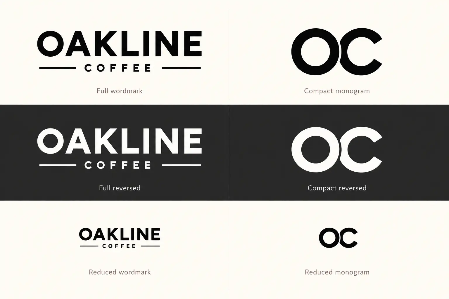 OAKLINE Coffee wordmark and OC monogram in black and reversed white, with smaller previews below.
