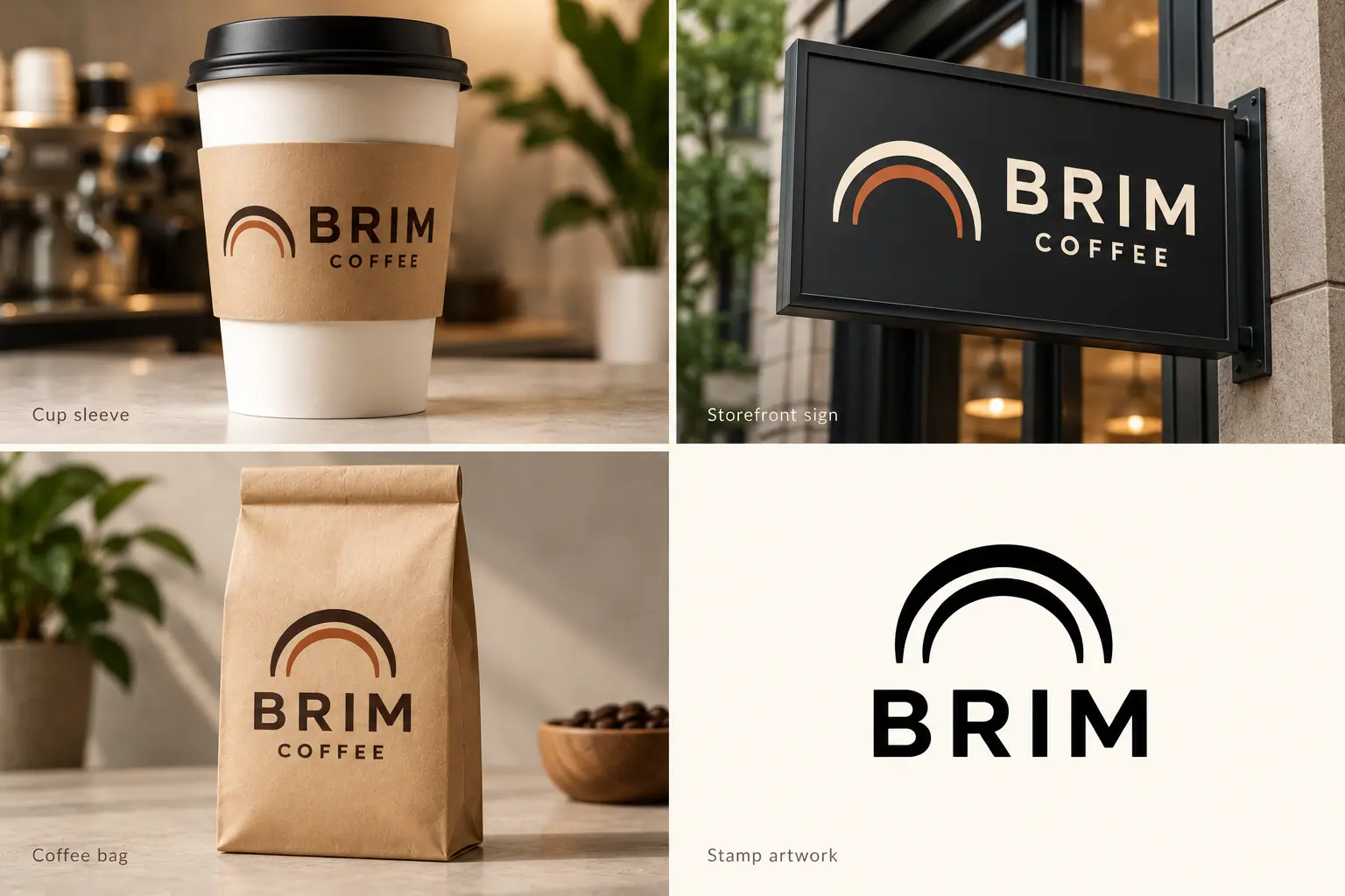 BRIM Coffee double-arc logo on a cup sleeve, storefront sign and kraft bag, alongside black stamp artwork.