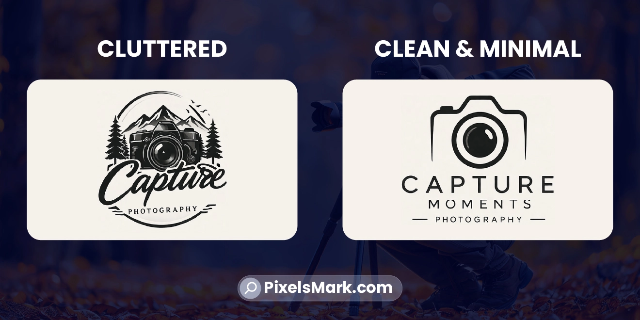 Common photography logo design mistakes showing overcomplicated vs clean minimal design
