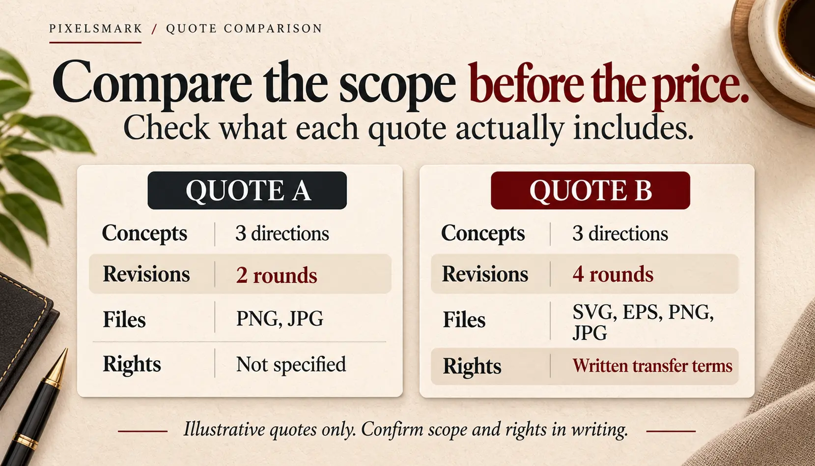 Two clearly labeled illustrative logo design quotes compared side by side, showing scope differences in concepts, revisions, file formats and rights. No prices shown. Clearly labeled as illustrative.