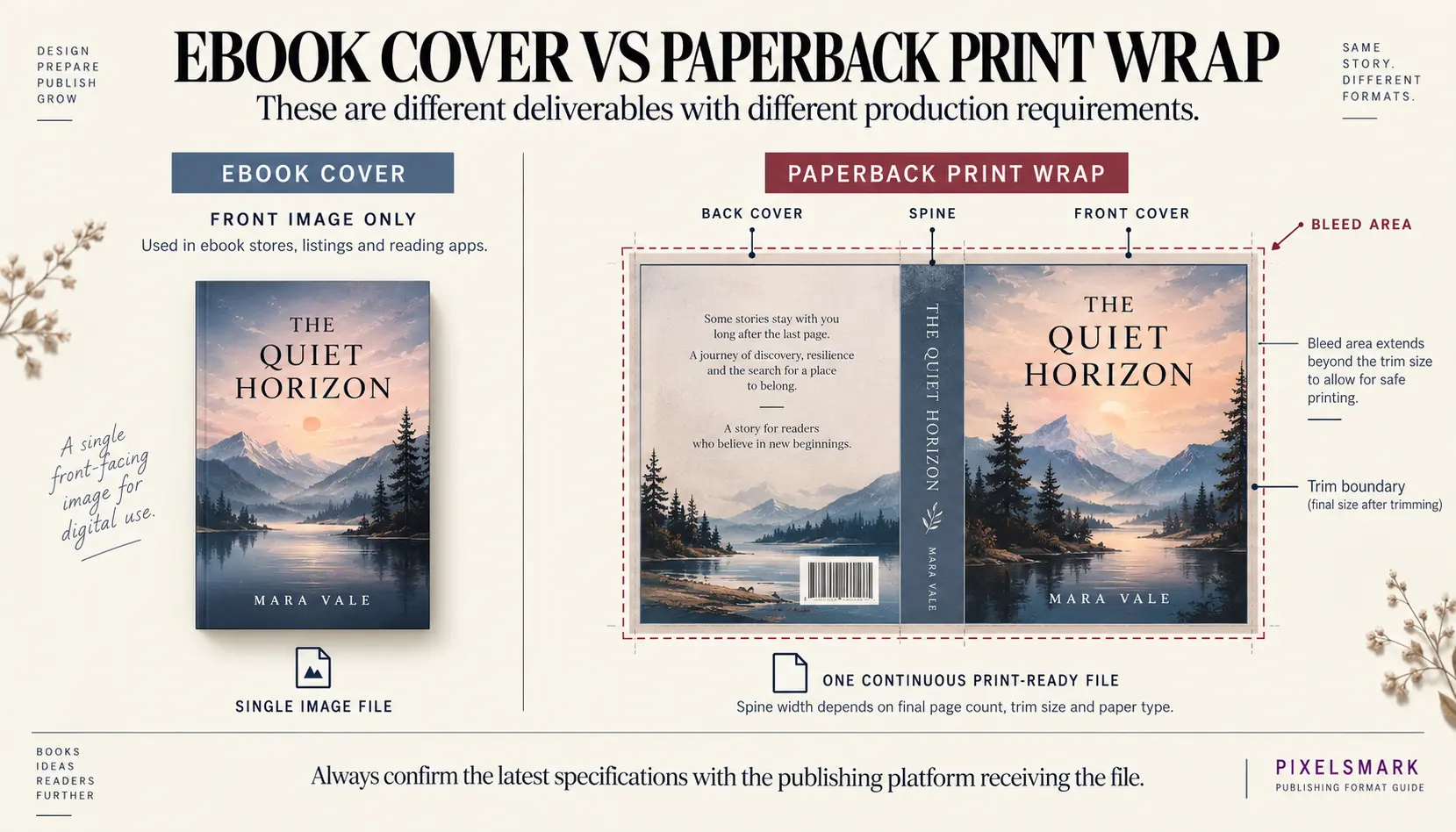 Diagram comparing ebook front cover (single image) with a full paperback print wrap showing front cover, spine and back cover as one connected file