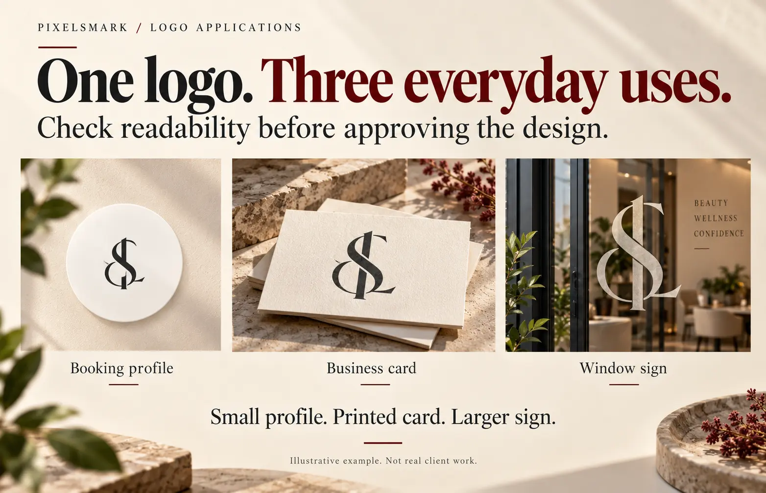 The same fictional salon logo shown at three sizes: a circular booking-app profile image, a business card and a window sign. Illustrative example, not real client work.