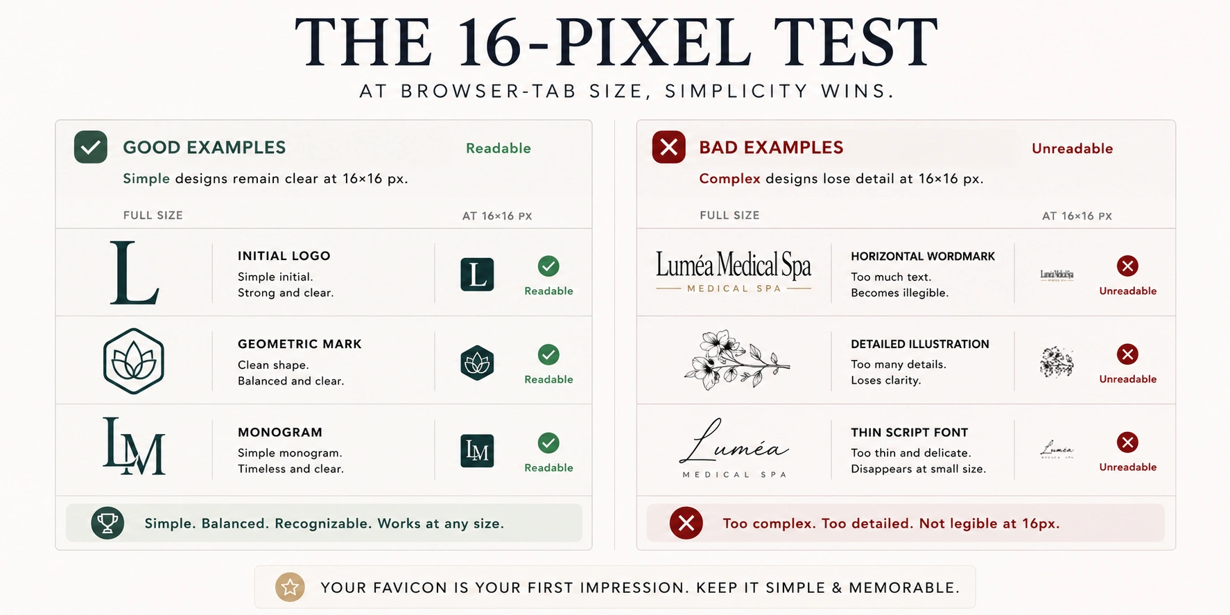 Good and bad logo examples tested at sixteen by sixteen pixels
