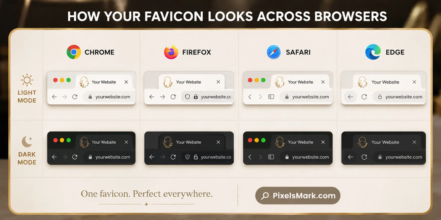 Screenshots showing where to upload a favicon in WordPress, Shopify, Webflow, Wix, and Squarespace dashboards.