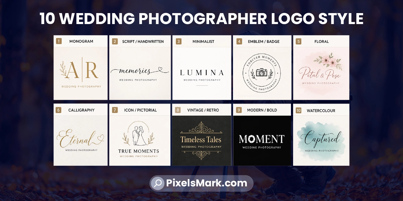 Wedding photographer logo ideas 2026 showing 10 elegant wedding photography branding styles