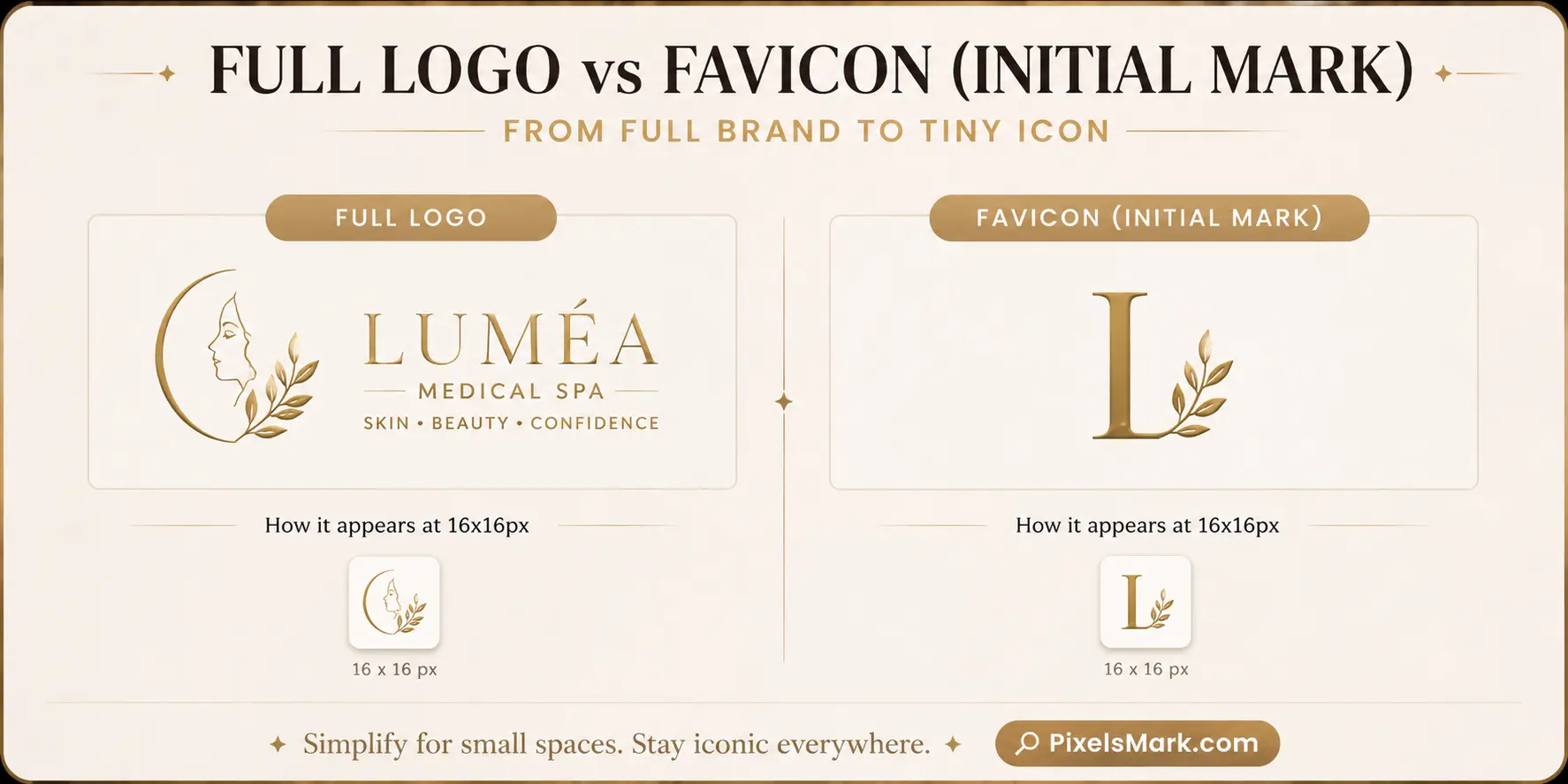 Side-by-side comparison of a full horizontal logo and a simplified favicon initial mark tested at 16x16 pixels.