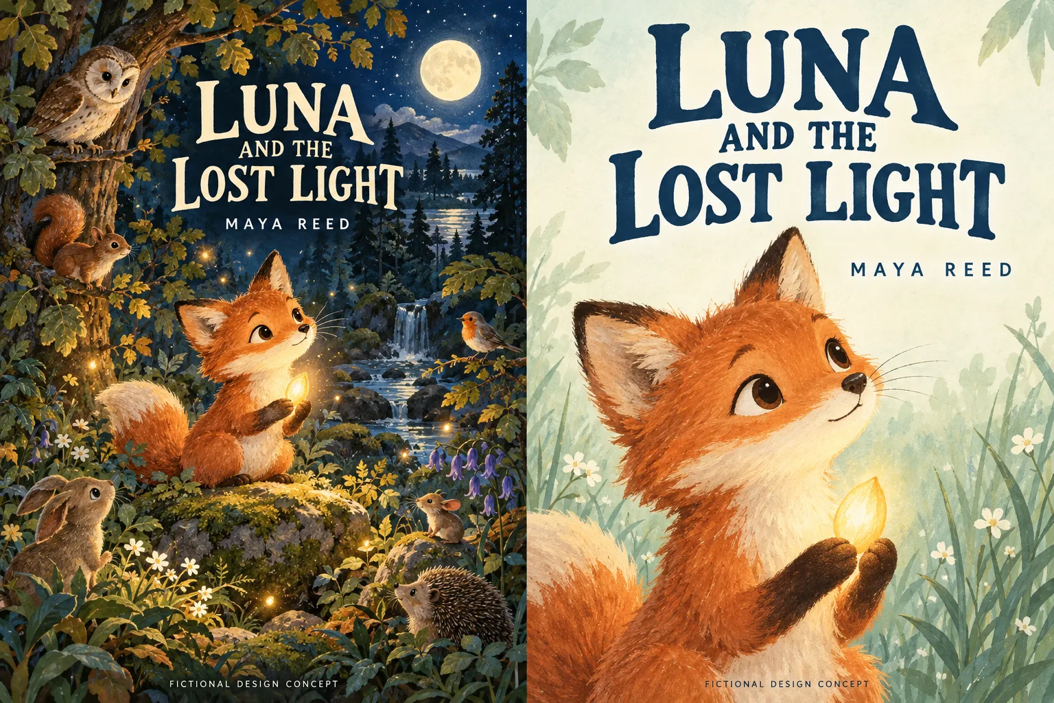 Luna and the Lost Light cover comparison: detailed woodland alternative on the left and selected fox close-up on the right