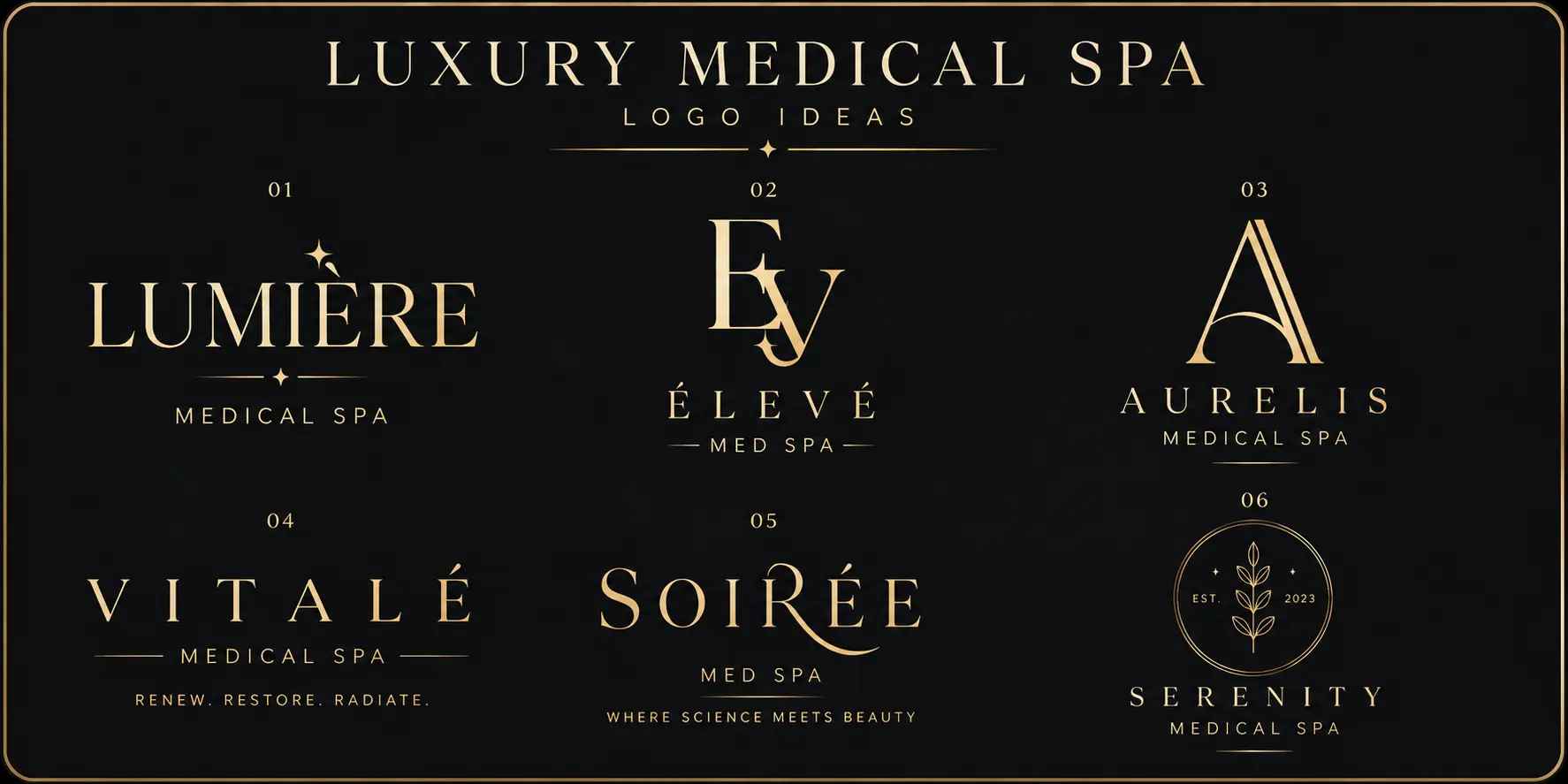 Luxury medical spa logo ideas showing high-contrast serif wordmarks, monograms and fine-line emblems