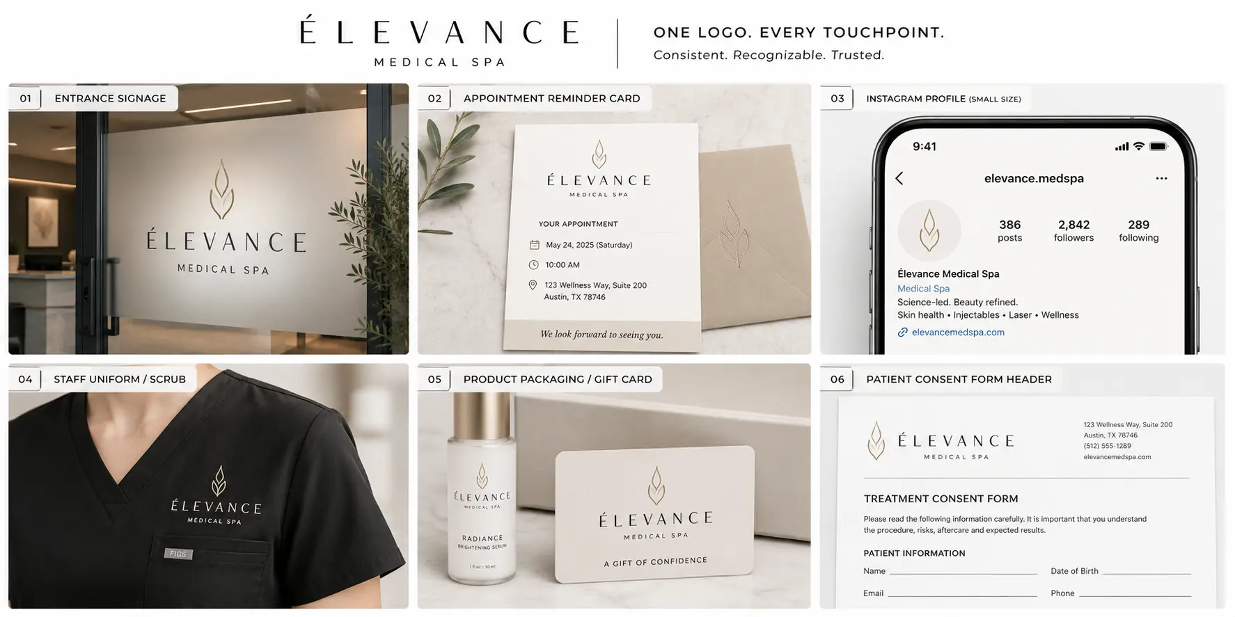 Medical spa logo shown across multiple brand touchpoints including entrance signage, appointment cards, social media avatar and consent forms