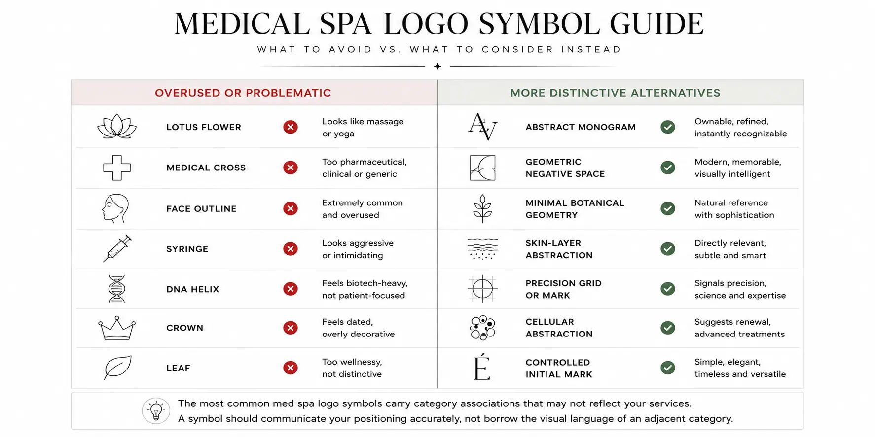 Medical spa logo symbols comparison showing overused icons versus more distinctive alternatives
