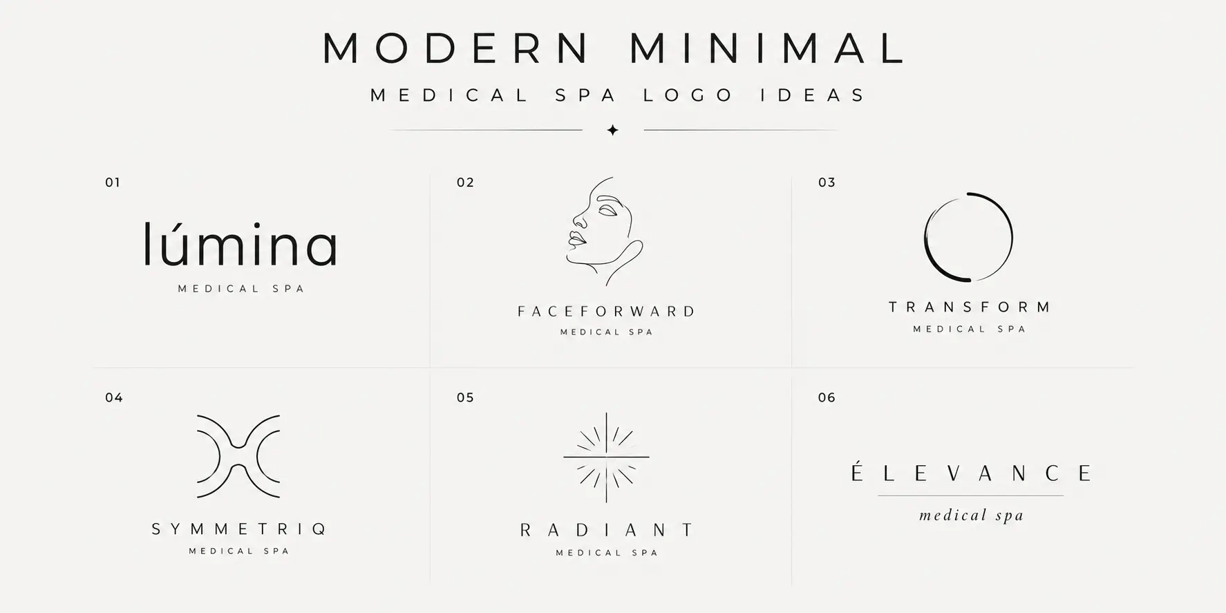 Modern minimal medical spa logo ideas showing clean wordmarks, abstract marks and geometric concepts