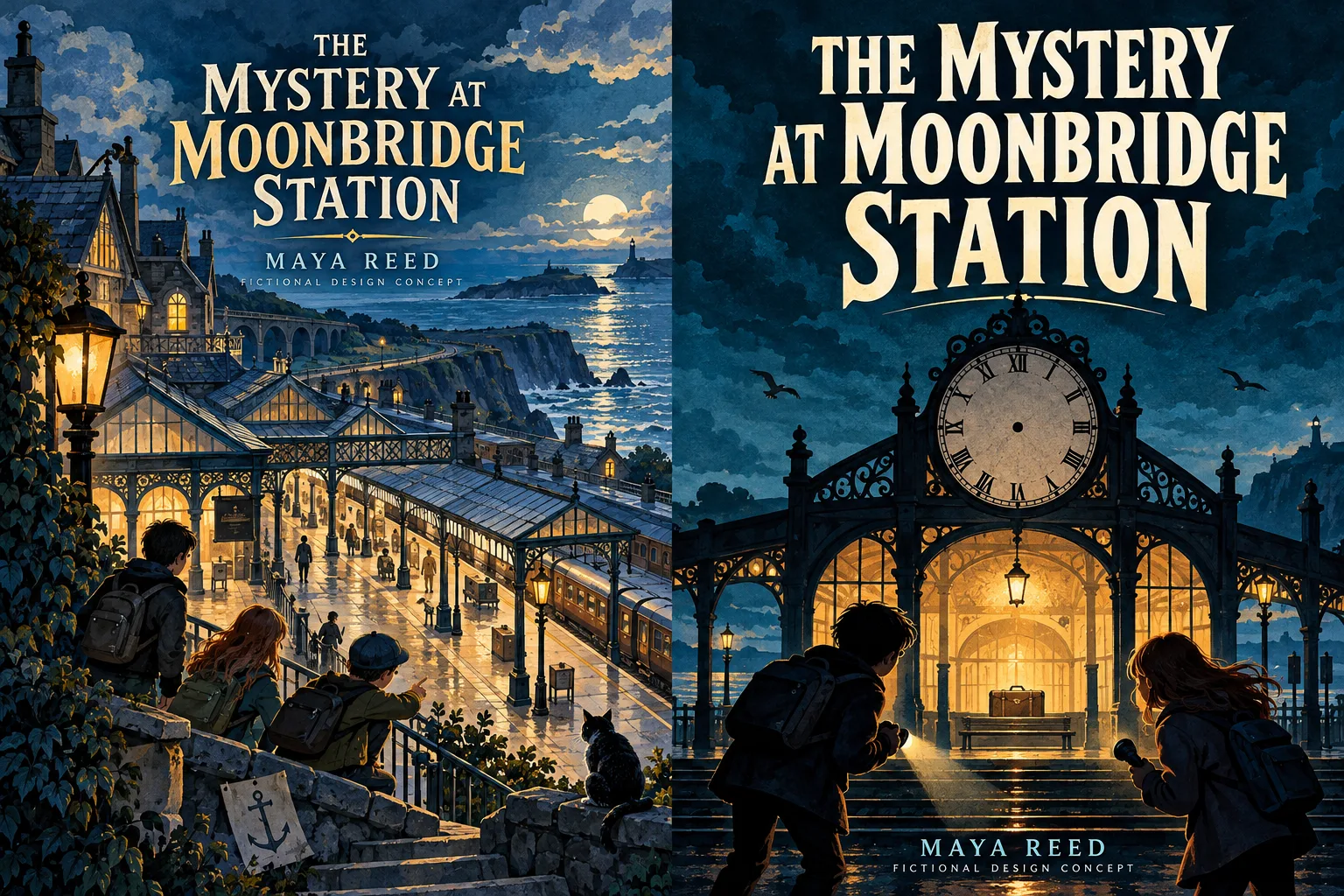 The Mystery at Moonbridge Station cover comparison: wide station alternative on the left and selected handless clock and station arch on the right