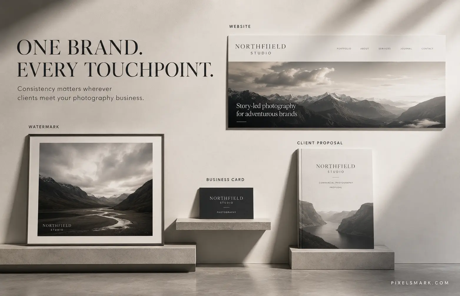 Same photography logo applied consistently across website header, gallery watermark, business card and client proposal