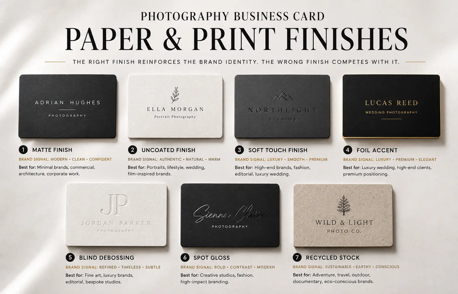 Photography business card paper finishes including matte, uncoated, foil, debossing and spot gloss