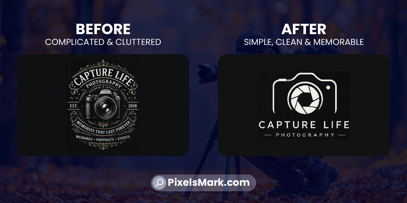 Photography logo design before and after showing simplification process