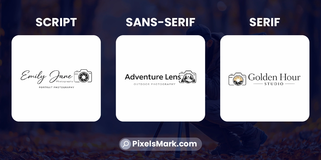 Photography logo font comparison showing script, sans-serif and serif styles