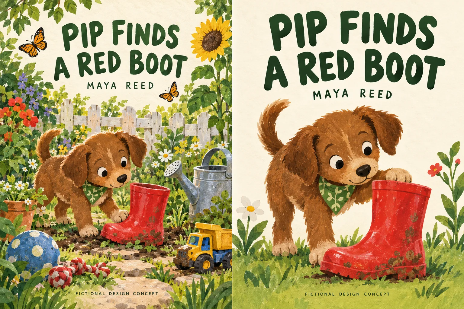 Pip Finds a Red Boot cover comparison: detailed garden alternative on the left and selected puppy and red boot on the right