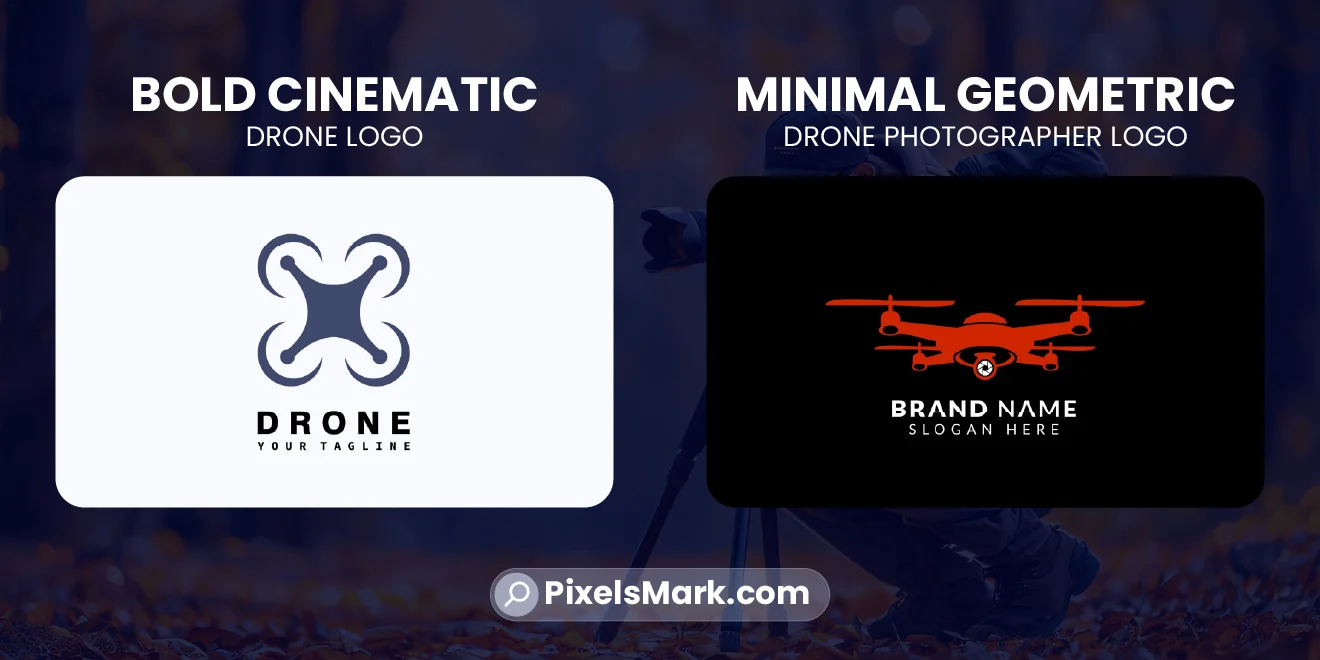 Drone photography logo design comparison showing cinematic vs minimal aerial photography branding styles