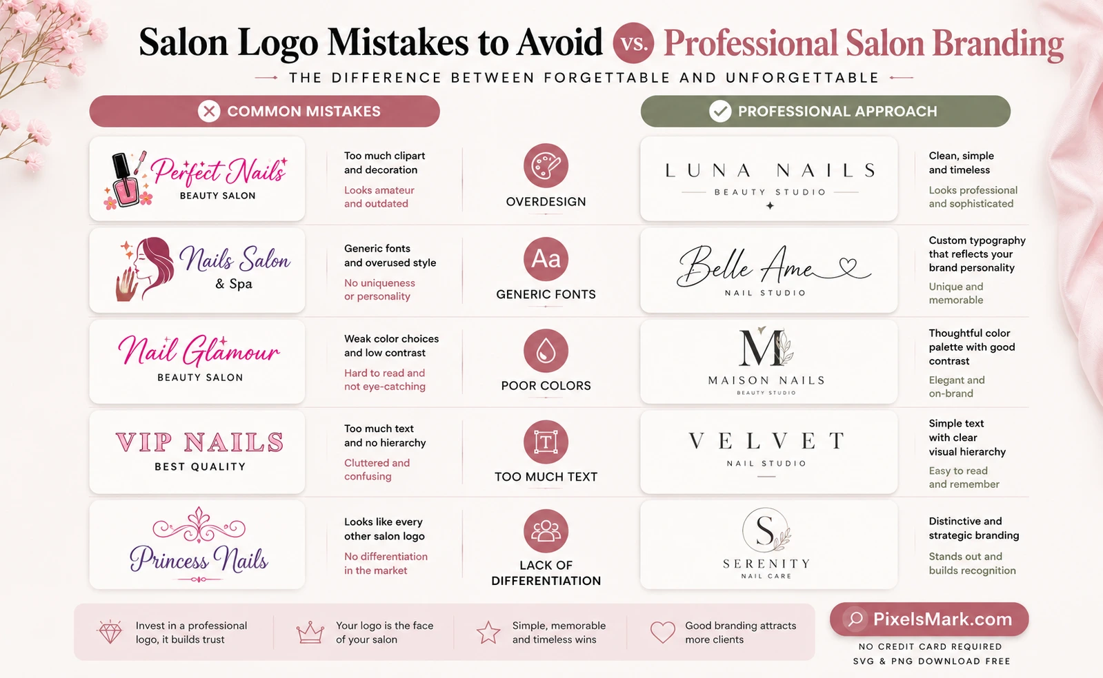 Beauty salon logo mistakes to avoid showing generic clipart versus professional minimalist salon brand identity