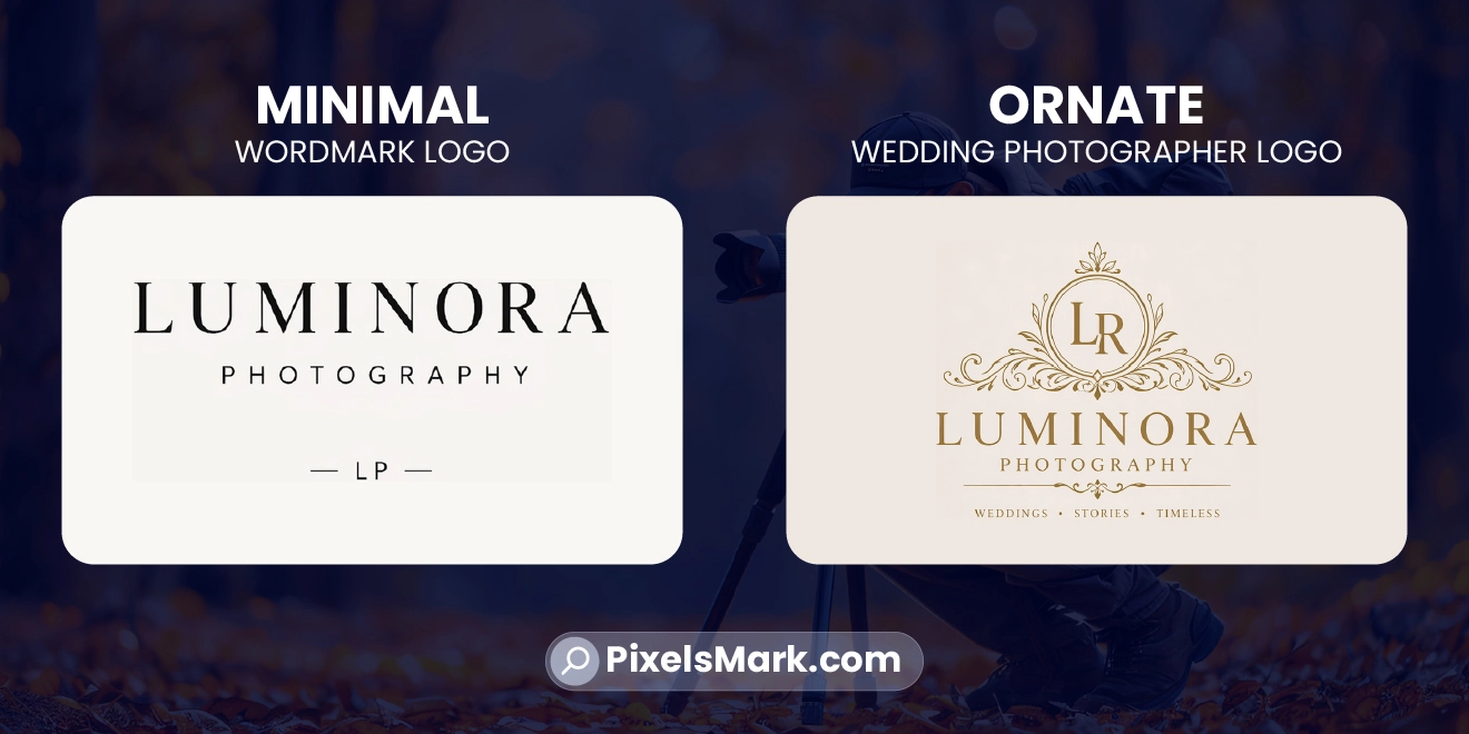 Minimal wedding logo design vs ornate elegant wedding photography branding comparison