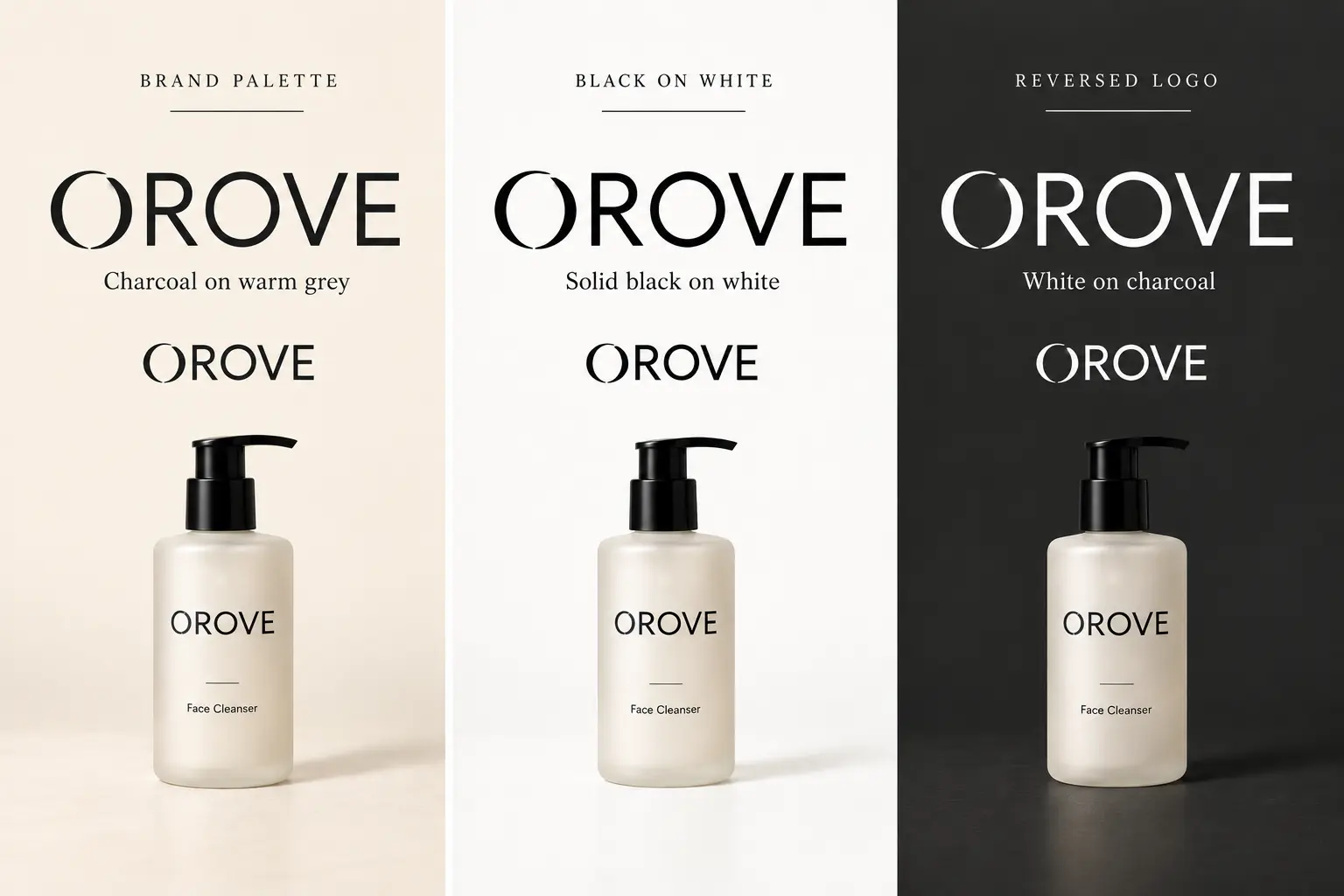 OROVE logo shown in its brand palette, black on white and white on charcoal, with reduced wordmark previews and bottle mockups for visual comparison.