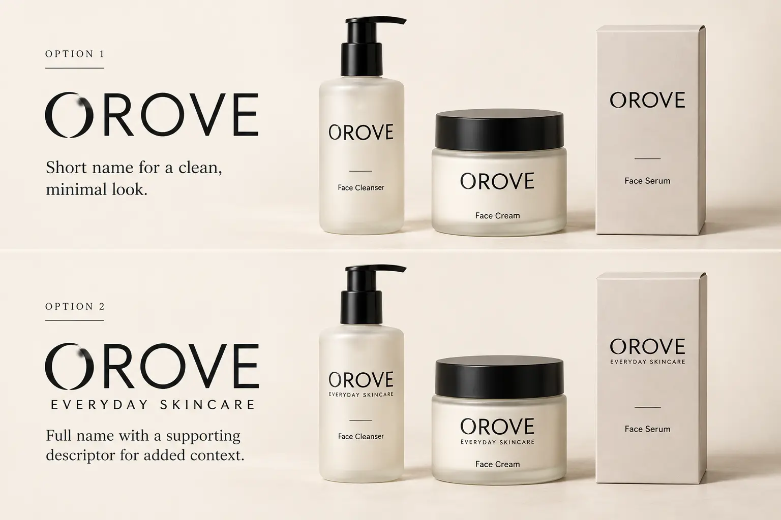 OROVE and OROVE EVERYDAY SKINCARE shown on matching bottles, jars and cartons, comparing short-name and stacked long-name layouts.