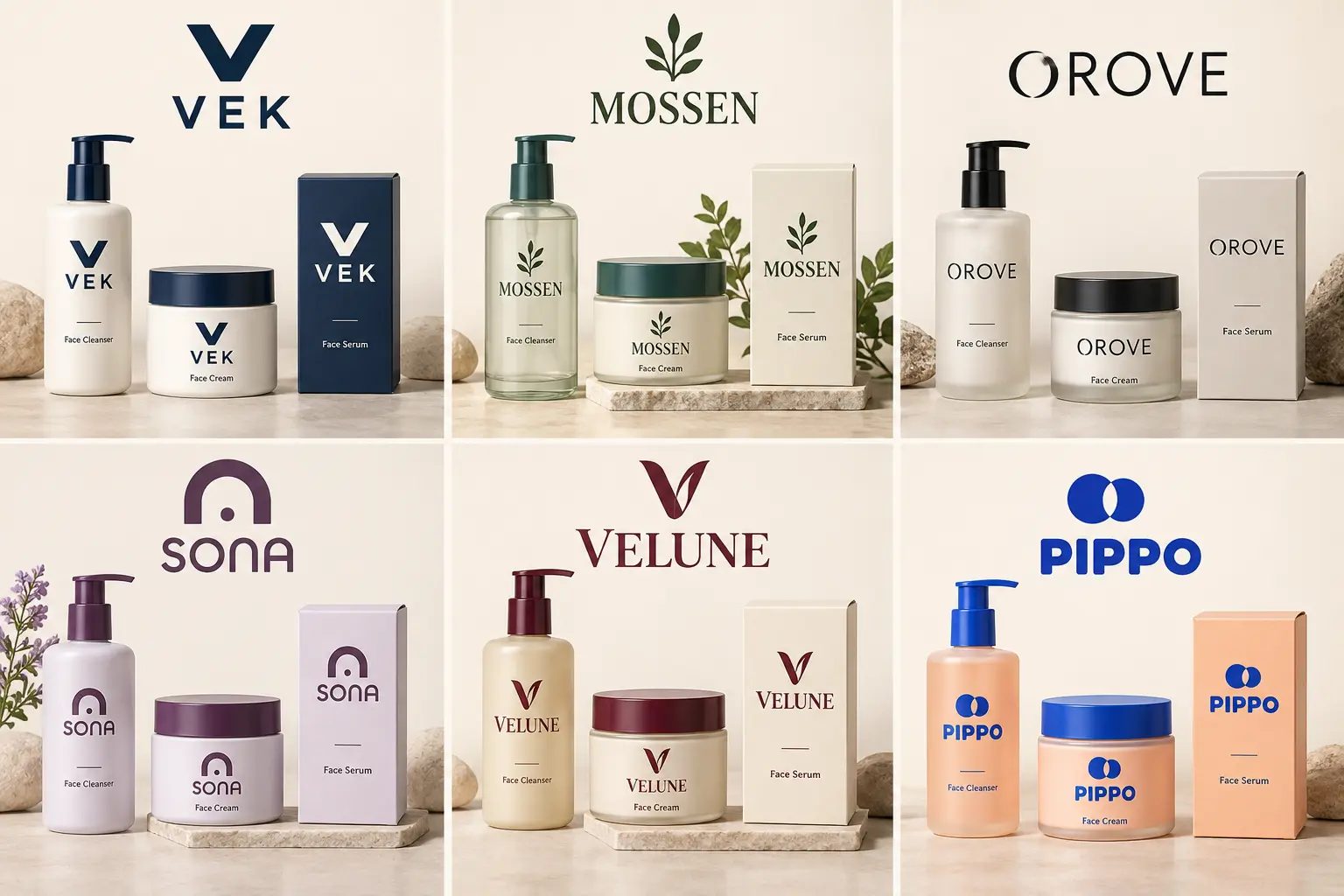 Six fictional skincare logo directions applied to bottles, jars and cartons: VEK, MOSSEN, OROVE, SONA, VELUNE and PIPPO.
