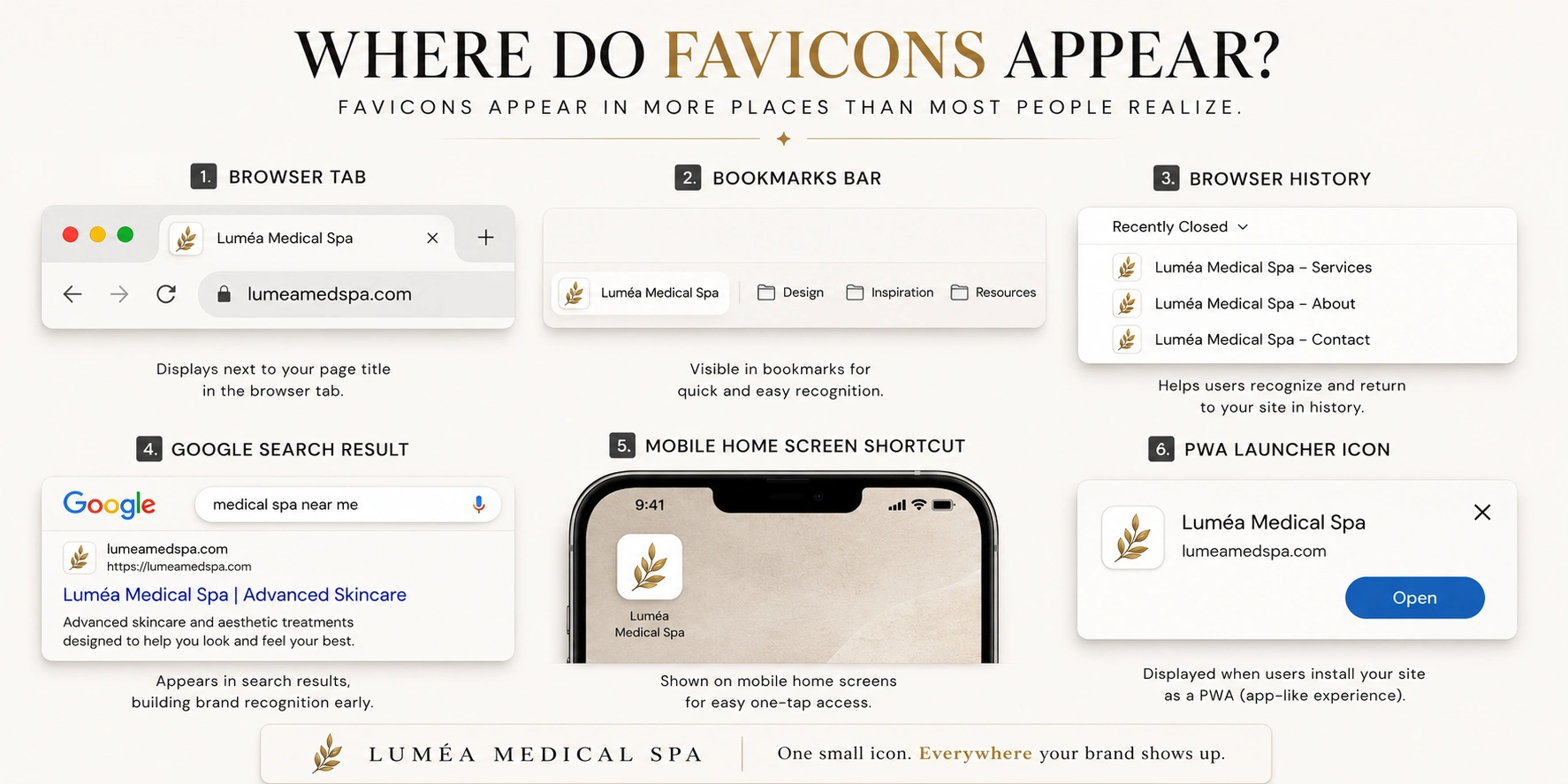Diagram showing favicons in browser tabs, bookmarks, search results and mobile shortcuts
