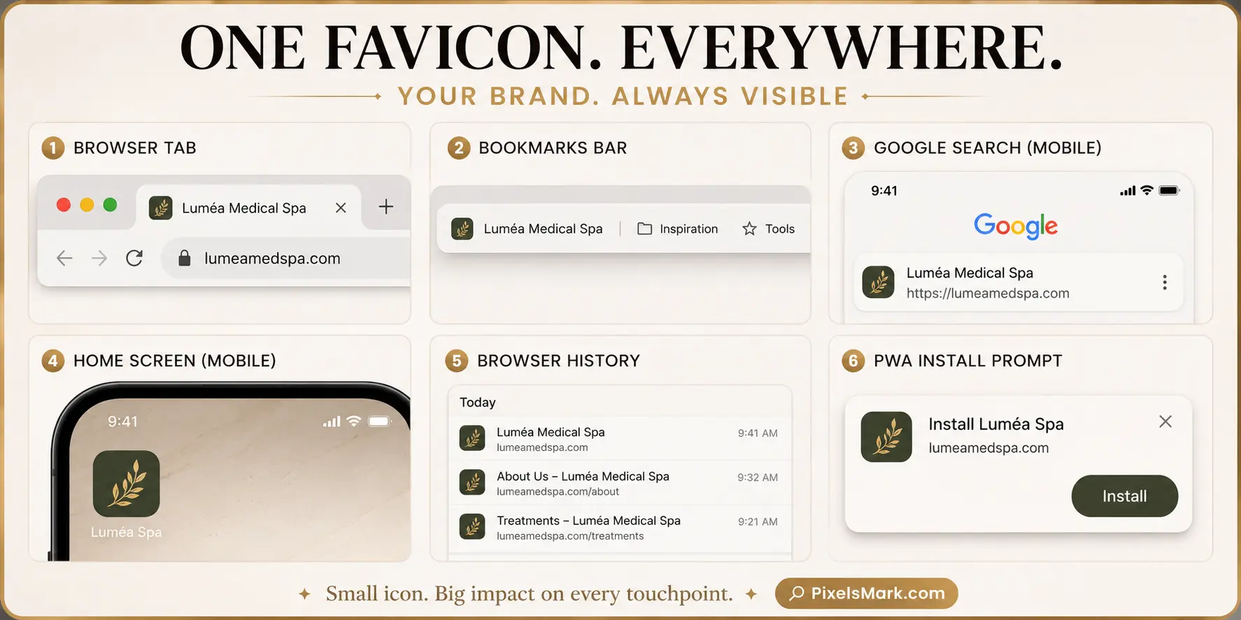A grid showing six places a favicon appears including browser tabs, bookmarks, Google mobile search, and mobile home screens.